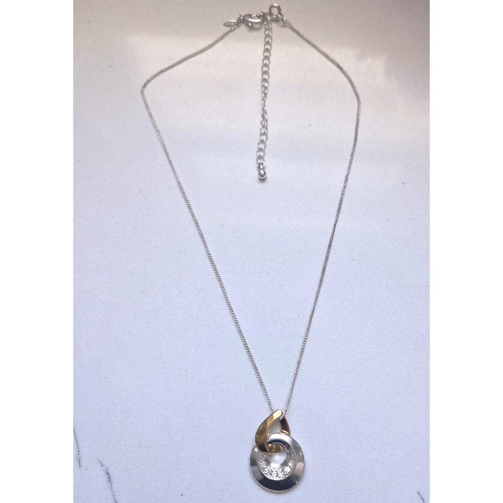 VTG Avon SAQ Silver Gold Interlocking Circle Pendant Necklace Crystal Accent